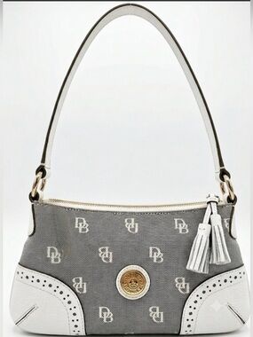 Dooney & Bourke NWOT Leather Slim Shoulder Bag w Tassel zipper grey & white